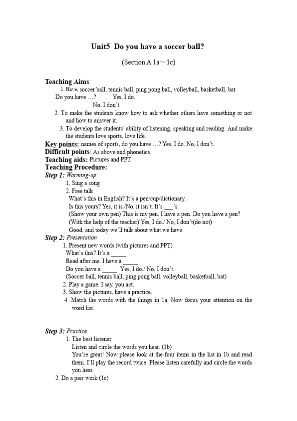 初一上册英语英语《Unit5 Do you have a soccer ball》教学设计教案36第1页