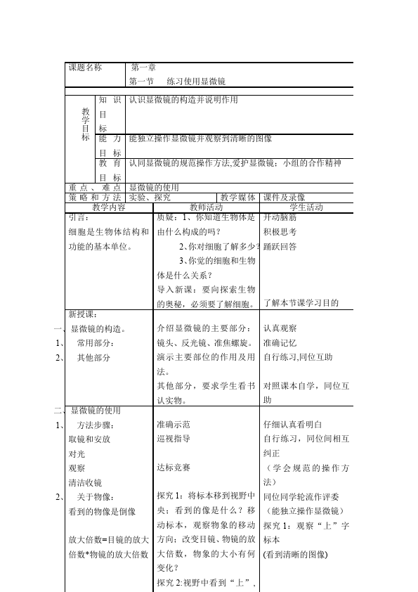 初一上册生物原创《练习使用显微镜》教学设计教案第1页