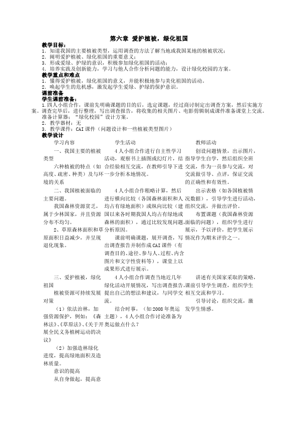 初一上册生物生物《第六章:爱护植被绿化祖国》教学设计教案第1页