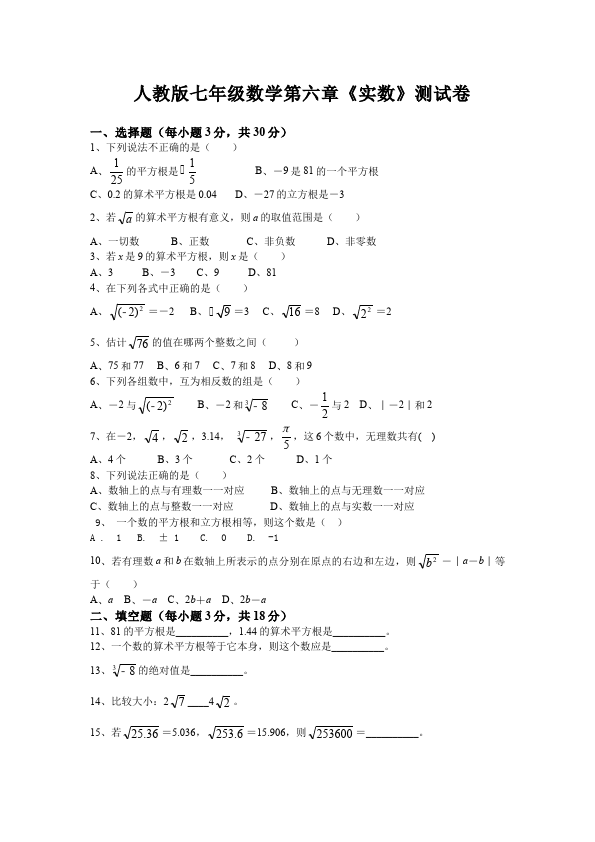 初一下册数学数学《第六章:实数》练习试卷11第1页