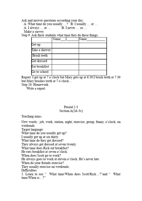 初一下册英语Unit2 What time do you go to school教案教学设计1第3页