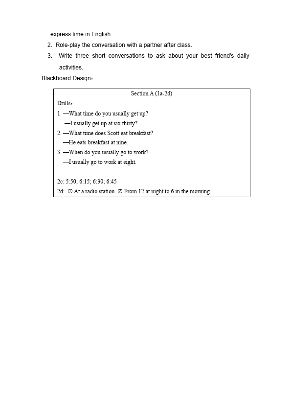初一下册英语Unit2 What time do you go to school教案教学设计10第4页