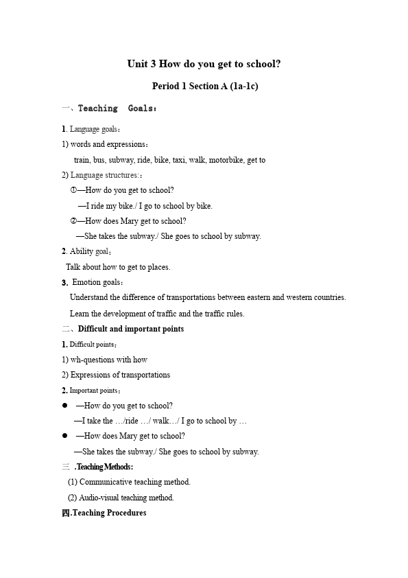 初一下册英语Unit3 How do you get to school教学设计教案11第1页