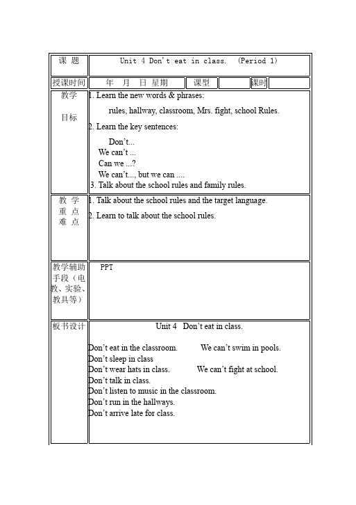 初一下册英语英语Unit4 Don't eat in class教学设计教案3第1页