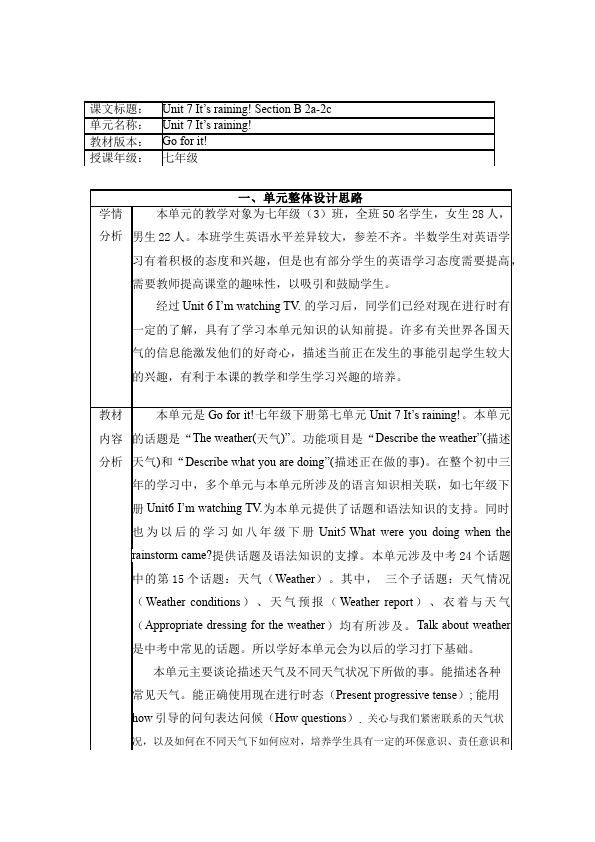 初一下册英语英语Unit7 It's raining教学设计教案7第1页