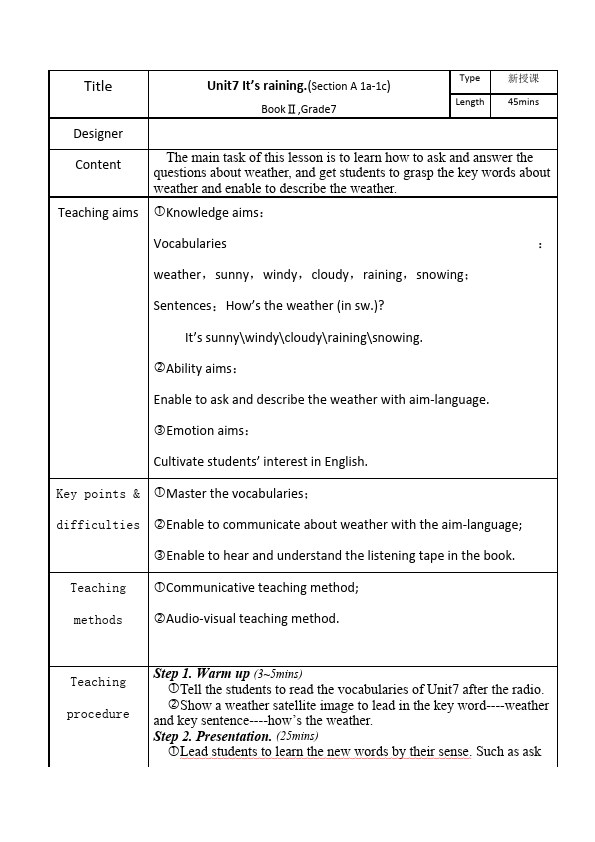 初一下册英语英语Unit7 It's raining教学设计教案9第1页