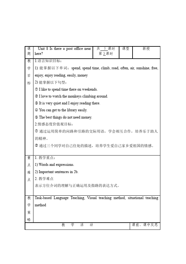 初一下册英语Unit8 Is there a post office near here教学设计教案14第1页