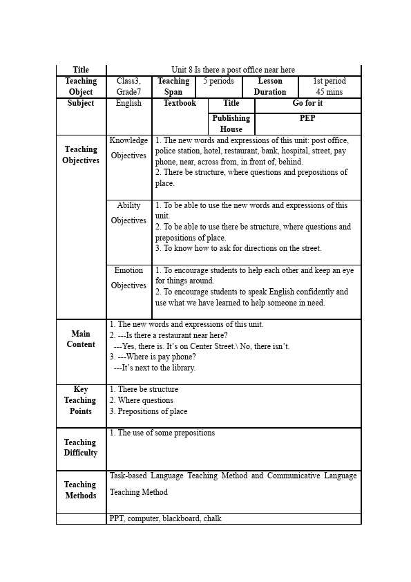 初一下册英语Unit8 Is there a post office near here教学设计教案10第1页