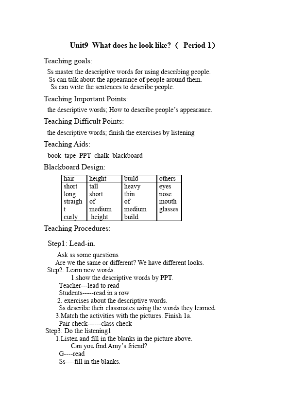 初一下册英语Unit9 What does he look like教学设计教案5第1页