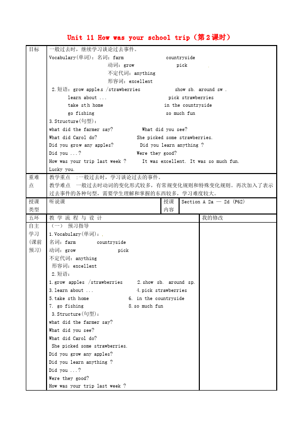 初一下册英语Unit11 How was your school trip教学设计教案23第1页