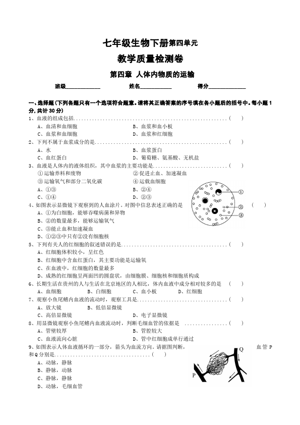 初一下册生物生物《第四章:人体内物质的运输》练习试卷8第1页