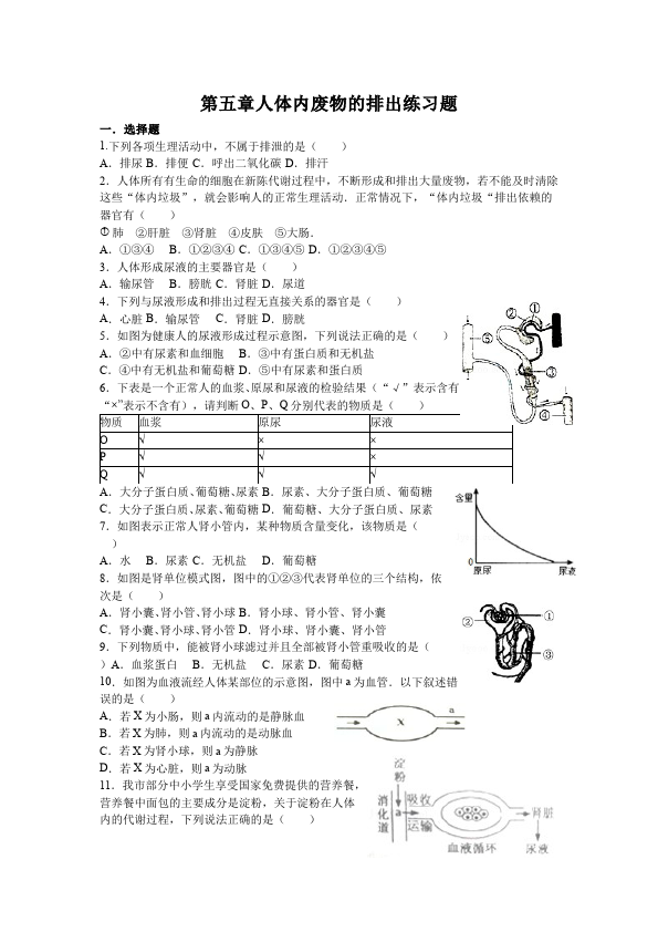 初一下册生物生物《第五章:人体内废物的排出》练习试卷2第1页