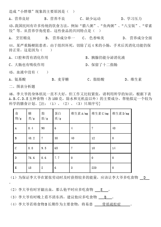 初一下册生物生物《第二章:人体的营养》练习试卷4第5页