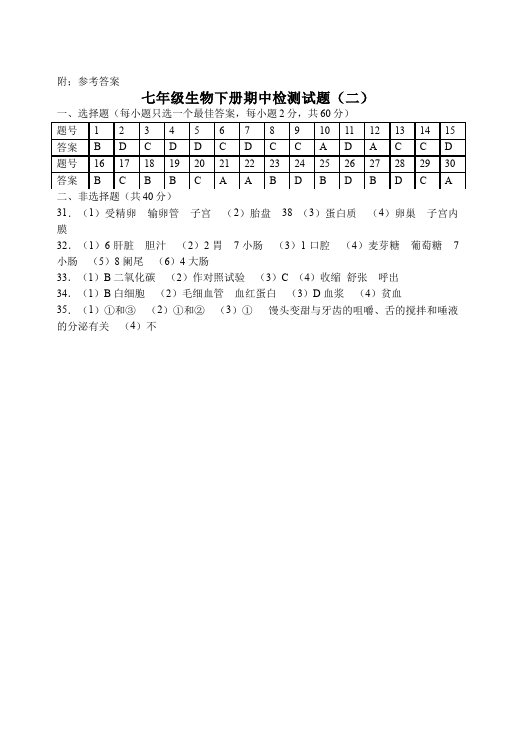 初一下册生物生物《期中考试》练习试卷6第5页