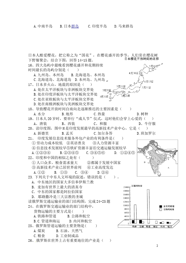 初一下册地理地理期中考试试卷第2页