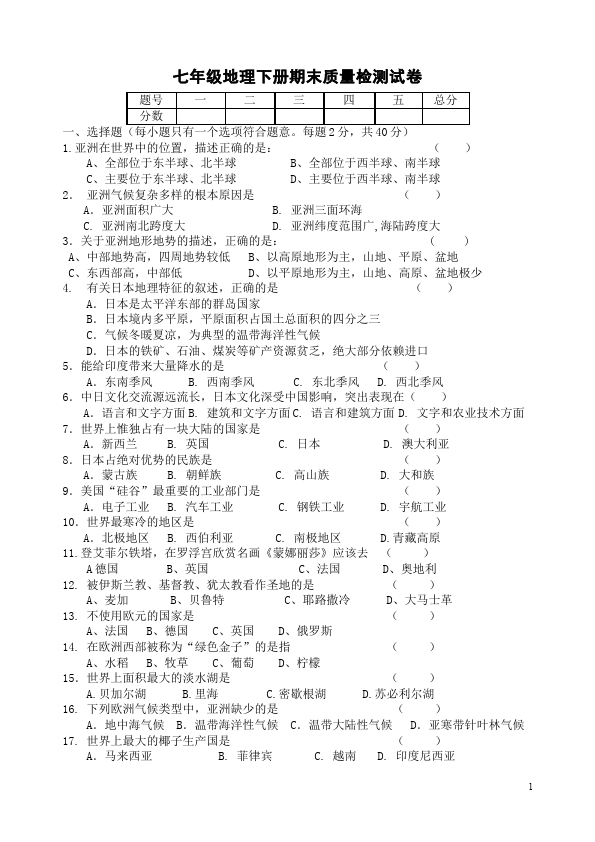 初一下册地理地理期末考试教学摸底考试试卷第1页