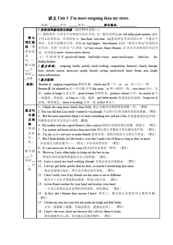 初二上册英语《Unit3 I'm more outgoing than my sister》讲义2第1页