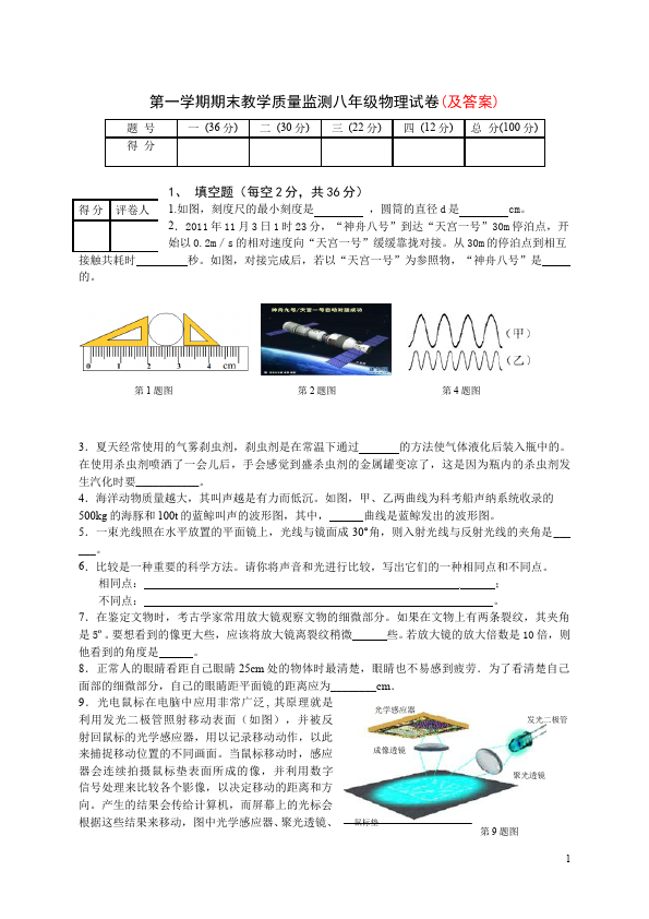 初二上册物理期末考试教学摸底考试试卷(物理)第1页