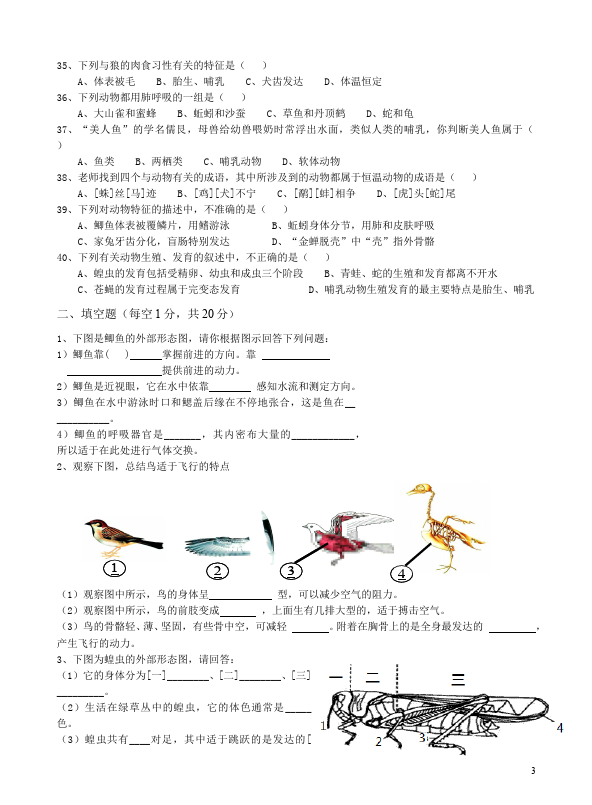 初二上册生物《动物的主要类群附参考答案》生物试卷第3页