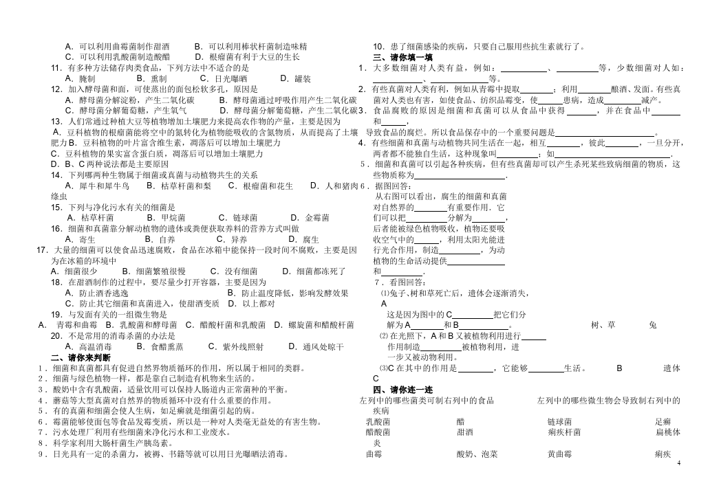 初二上册生物生物《第四章:细菌和真菌附参考答案》试卷第4页