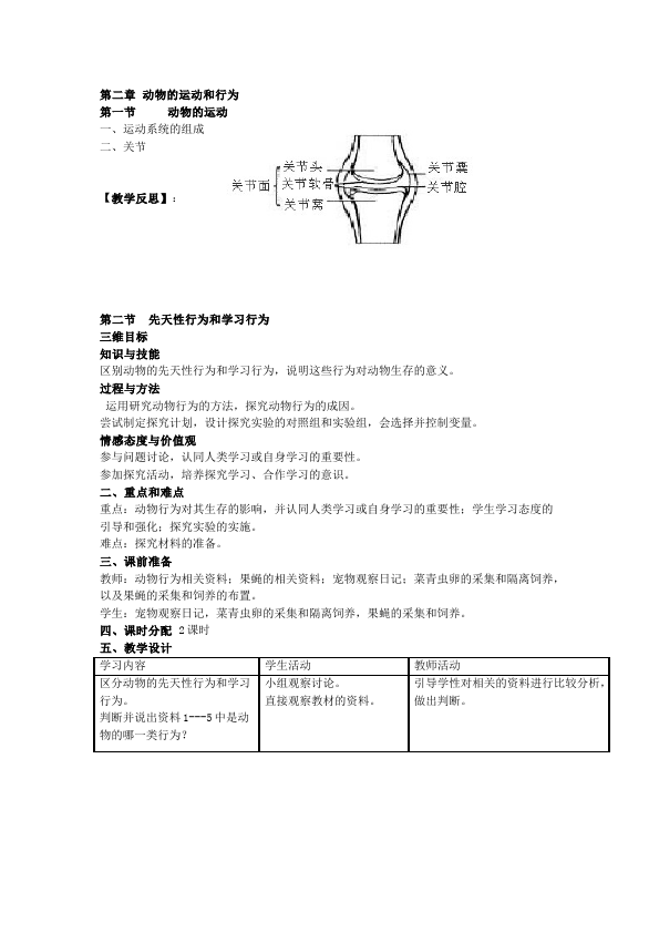 初二上册生物原创《第二章:动物的运动和行为》教案教学设计第1页