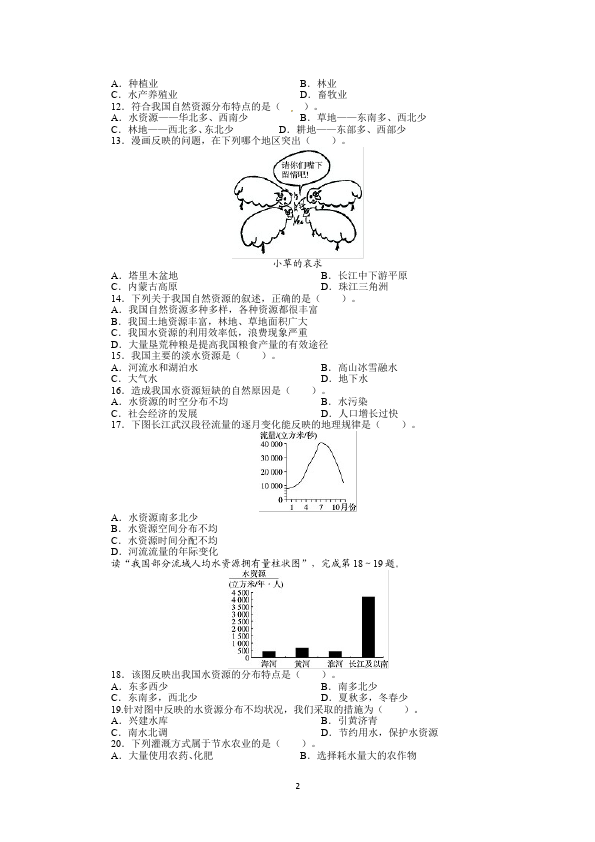 初二上册地理《第三章:中国的自然资源》地理试卷第2页