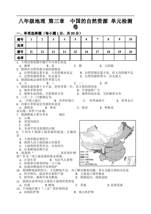 初二上册地理地理《第三章:中国的自然资源》课堂练习试题第1页