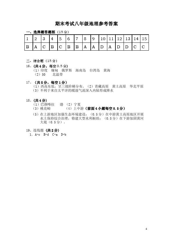 初二上册地理地理《期末考试》单元检测题第4页