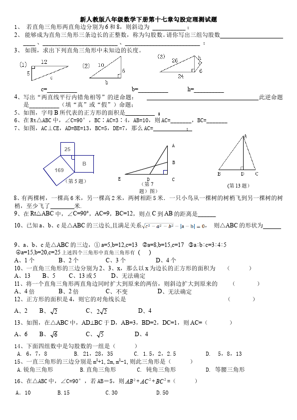 初二下册数学数学《第十七章:勾股定理》练习试卷21第1页