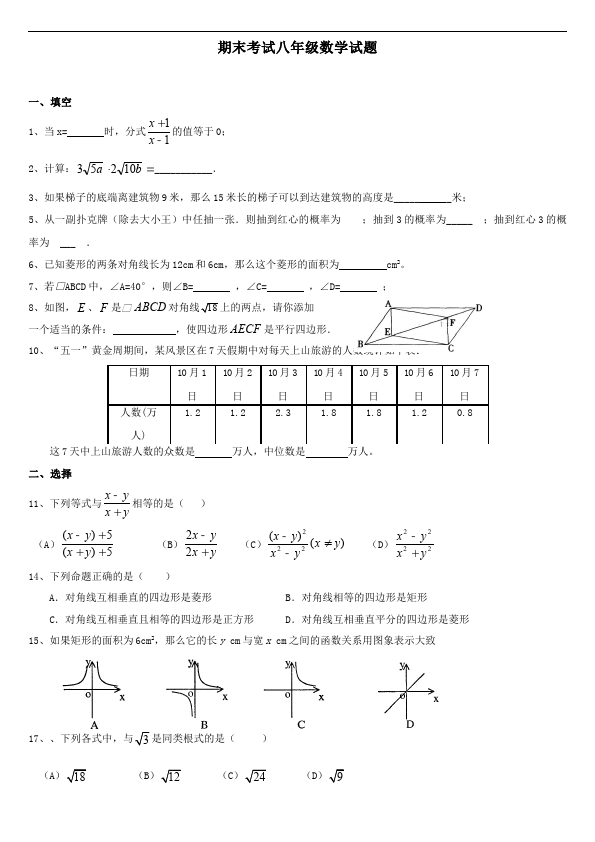 初二下册数学数学《期末考试》练习试卷14第1页
