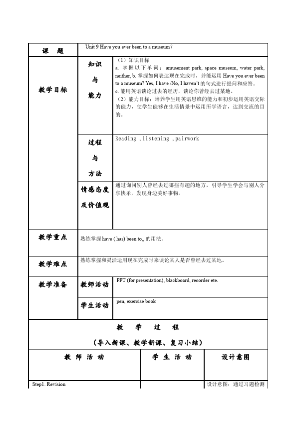 初二下册英语Unit9 Have you ever been to a museum教案教学设计6第1页