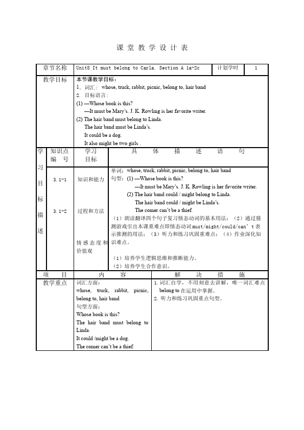 初三上册英语全一册Unit8 It must belong to Carla教学设计教案7第1页