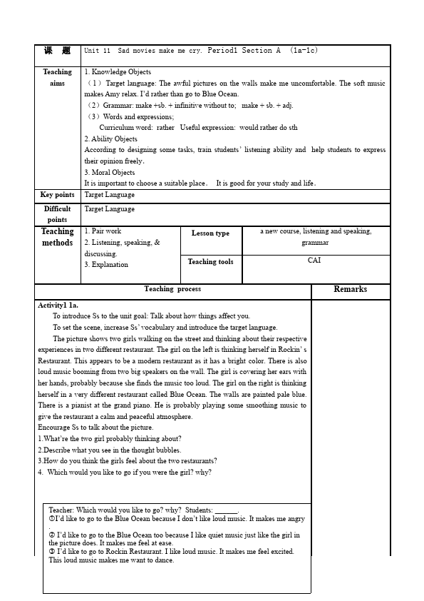 初三上册英语全一册Unit11 Sad movies make me cry教学设计教案8第1页