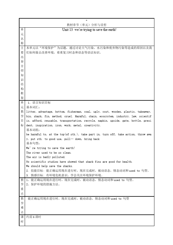 初三上册英语全一册Unit13 We're trying to save the earth教学设计教案17第1页