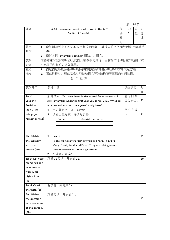 初三上册英语全一册全一册GFI新目标英语《Unit14》教学设计教案3第1页