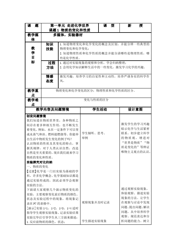 初三上册化学《第一单元:走进化学世界》教案教学设计第1页