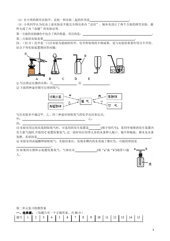 初三上册化学化学测试卷第二单元我们周围的空气第4页