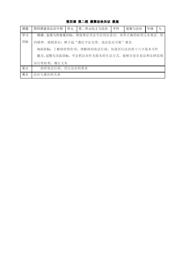 初三上册道德与法治道德与法治《4.2凝聚法治共识》教学设计教案第1页