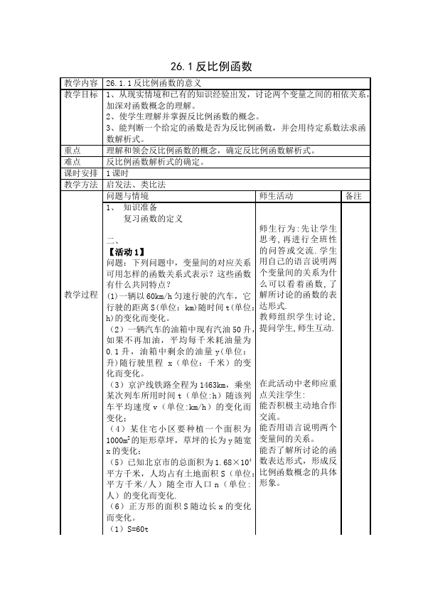 初三下册数学数学《第二十六章:反比例》教案教学设计下载20第1页