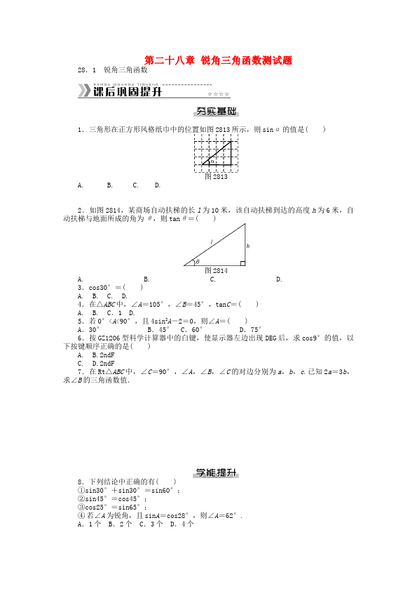 初三下册数学数学《第二十八章:锐角三角函数》练习试卷10第1页