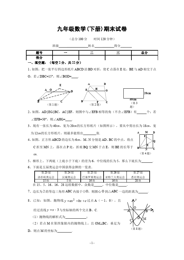 初三下册数学数学《期末考试》练习试卷4第1页