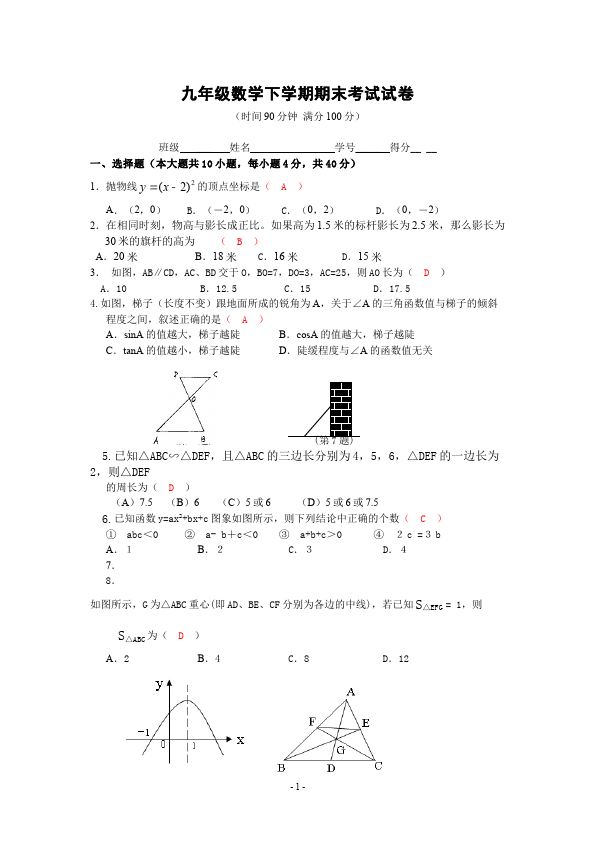 初三下册数学数学《期末考试》练习试卷12第1页