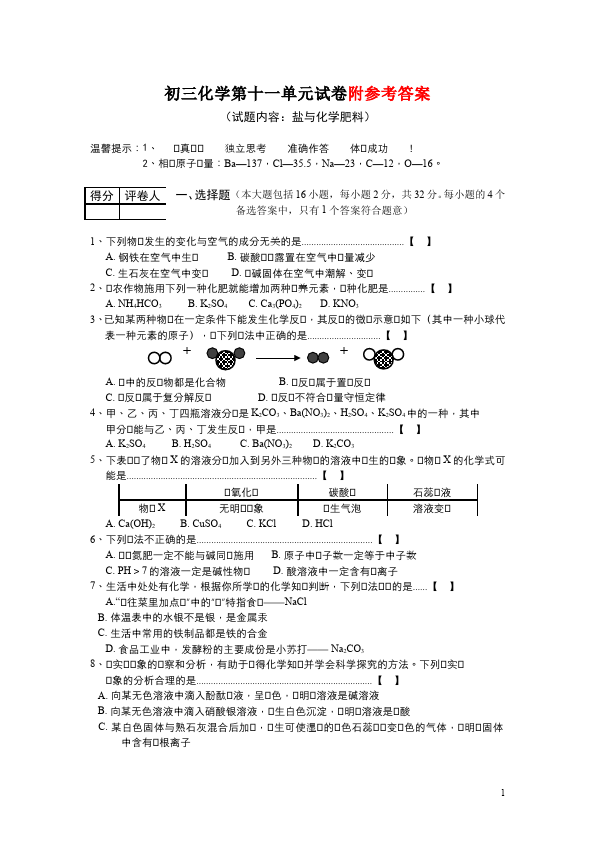 初三下册化学化学单元检测《第十一单元:盐化肥》试题第1页