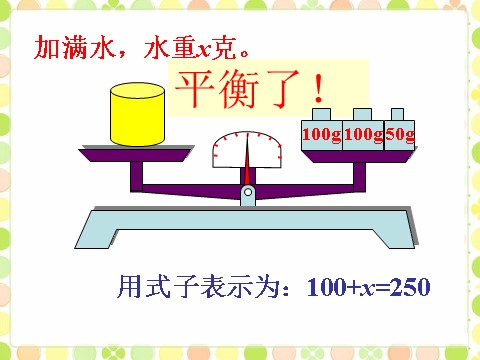 五年级上册数学（人教版）盛水的杯子和砝码的平衡关系_方程的意义第5页