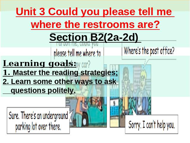 初三上册英语全一册课件Unit3 Could you please tell me where the restrooms are第1页